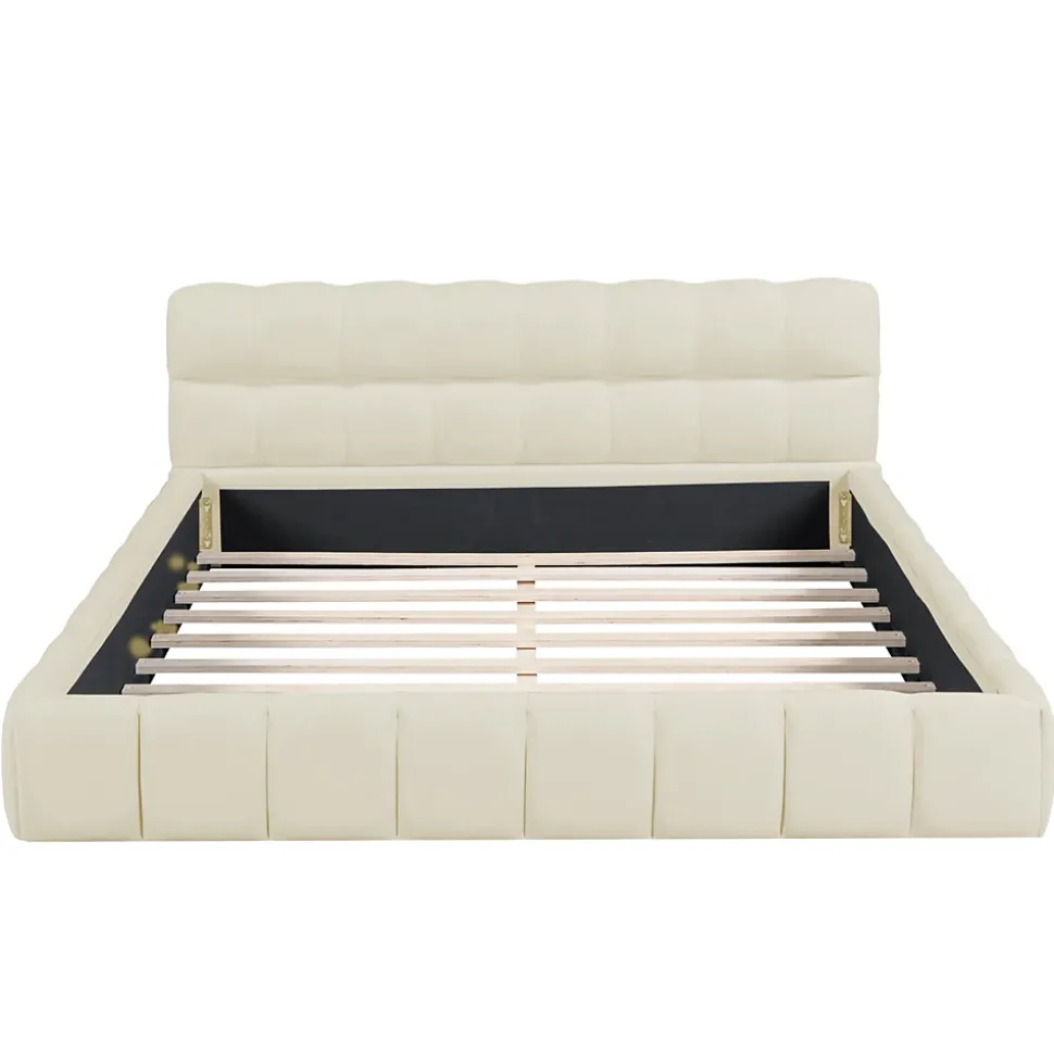 Lit double 160x200 cm rembourré lin avec dossier moelleux, bordure rembourrée et sommier à lattes, sans matelas, Beige