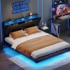 Lit double 140x200 cm rembourré gris en PU avec LED, ports USB, tête de lit et coffre de rangement