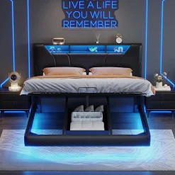 Lit double 140x200 cm rembourré gris en PU avec LED, ports USB, tête de lit et coffre de rangement