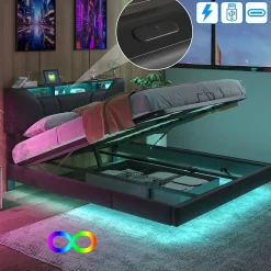 Lit double 140x200 cm rembourré gris en PU avec LED, ports USB, tête de lit et coffre de rangement