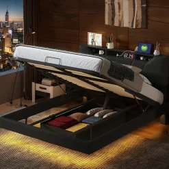 Lit double 140x200 cm rembourré gris en PU avec LED, ports USB, tête de lit et coffre de rangement