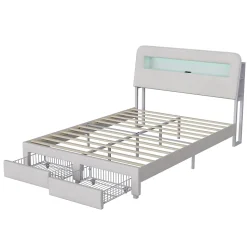 Lit double 140x200 cm, tiroirs, tête de lit LED, USB, cadre métal, Velours, Beige
