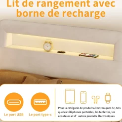 Lit double 140x200 cm, tiroirs, tête de lit LED, USB, cadre métal, Velours, Beige