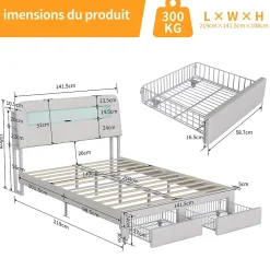 Lit double 140x200 cm, tiroirs, tête de lit LED, USB, cadre métal, Velours, Beige