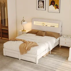 Lit double 140x200 cm, tiroirs, tête de lit LED, USB, cadre métal, Velours, Beige