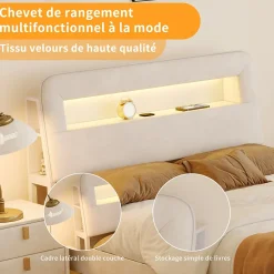 Lit double 140x200 cm, tiroirs, tête de lit LED, USB, cadre métal, Velours, Beige