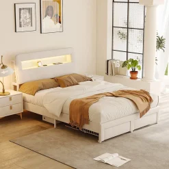 Lit double 140x200 cm, tiroirs, tête de lit LED, USB, cadre métal, Velours, Beige