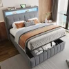 Lit double 140x200 cm tissu gris avec LED, USB, tête de lit étagères et rangement hydraulique, Sommier inclus, design moderne