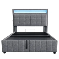 Lit double 140x200 cm tissu gris avec LED, USB, tête de lit étagères et rangement hydraulique, Sommier inclus, design moderne