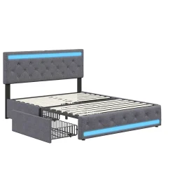 Lit double 180x200 cm, tête de lit LED réglable, chargement USB/Type-C, 4 tiroirs, sommier à lattes, structure métal gris.