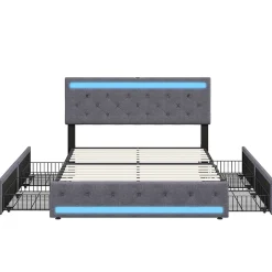 Lit double 180x200 cm, tête de lit LED réglable, chargement USB/Type-C, 4 tiroirs, sommier à lattes, structure métal gris.