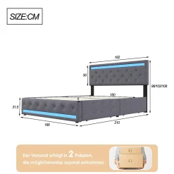 Lit double 180x200 cm, tête de lit LED réglable, chargement USB/Type-C, 4 tiroirs, sommier à lattes, structure métal gris.