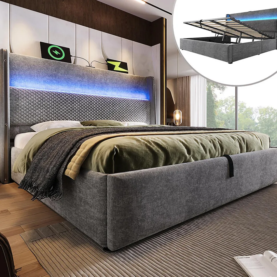 Lit double 180x200 cm, tête haute, LED/USB, hydraulique, lin - gris