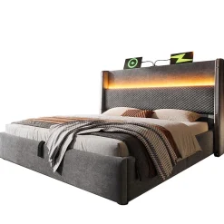 Lit double 180x200 cm, tête haute, LED/USB, hydraulique, lin - gris