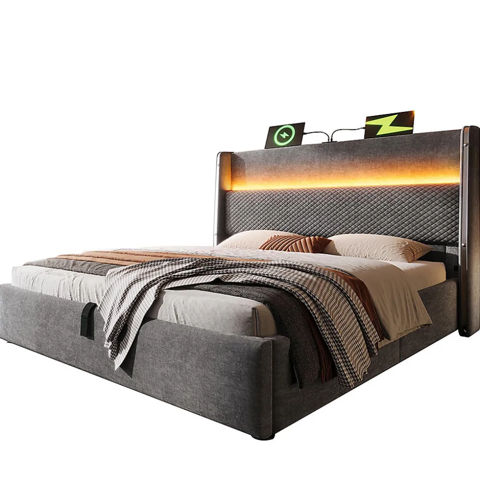 Lit double 180x200 cm, tête haute, LED/USB, hydraulique, lin - gris