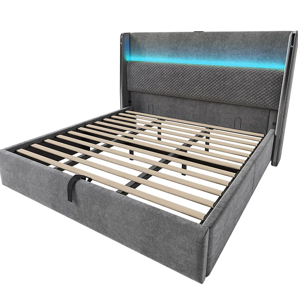 Lit double 180x200 cm, tête haute, LED/USB, hydraulique, lin - gris