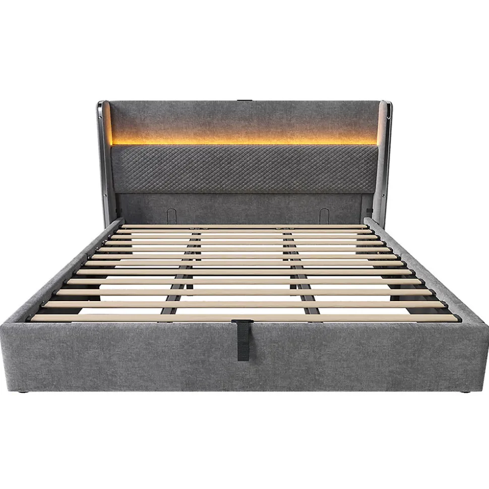 Lit double 180x200 cm, tête haute, LED/USB, hydraulique, lin - gris