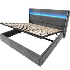 Lit double 180x200 cm, tête haute, LED/USB, hydraulique, lin - gris