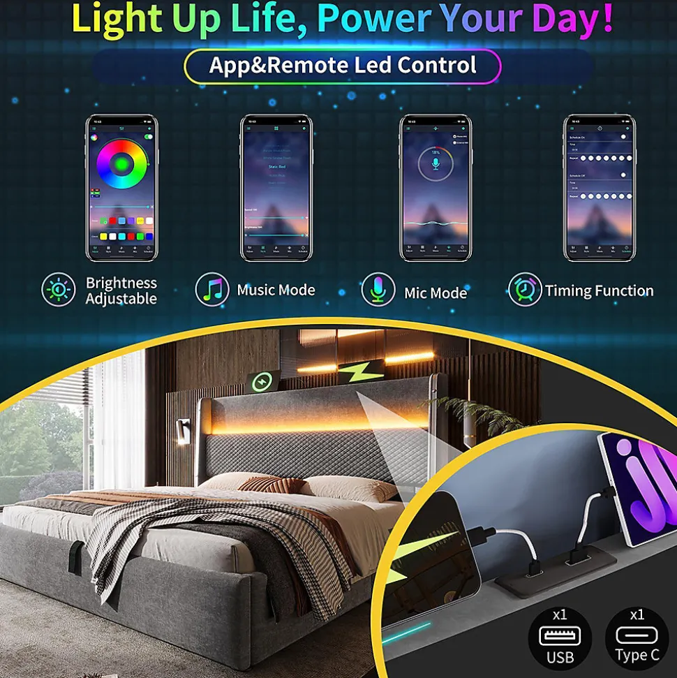 Lit double 180x200 cm, tête haute, LED/USB, hydraulique, lin - gris