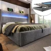 Lit double 160x200 cm, tête haute, LED/USB, hydraulique, lin - gris