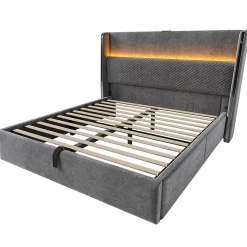 Lit double 160x200 cm, tête haute, LED/USB, hydraulique, lin - gris