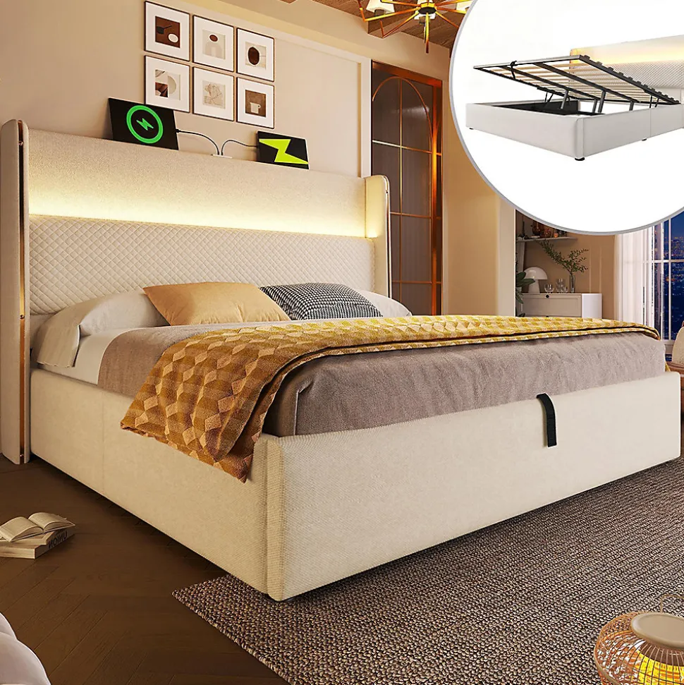 Lit double 140x200 cm, tête haute, LED/USB, hydraulique, lin - beige