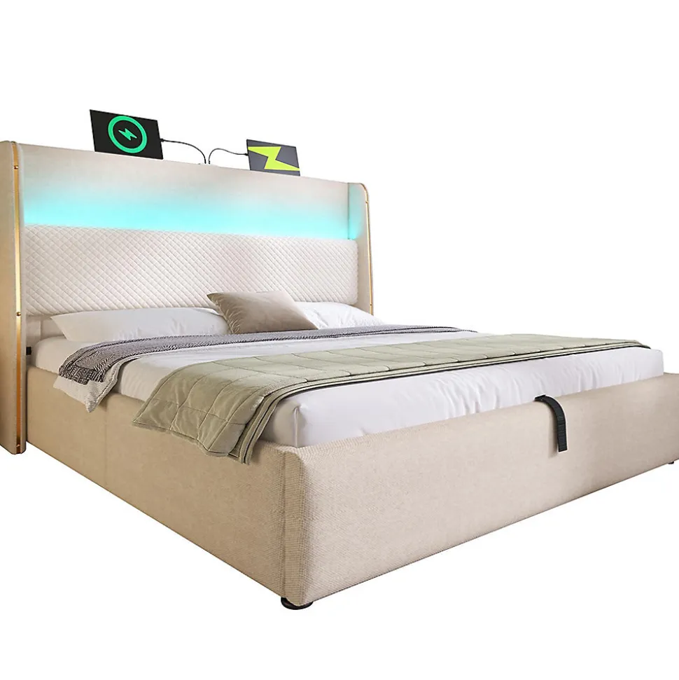 Lit double 140x200 cm, tête haute, LED/USB, hydraulique, lin - beige