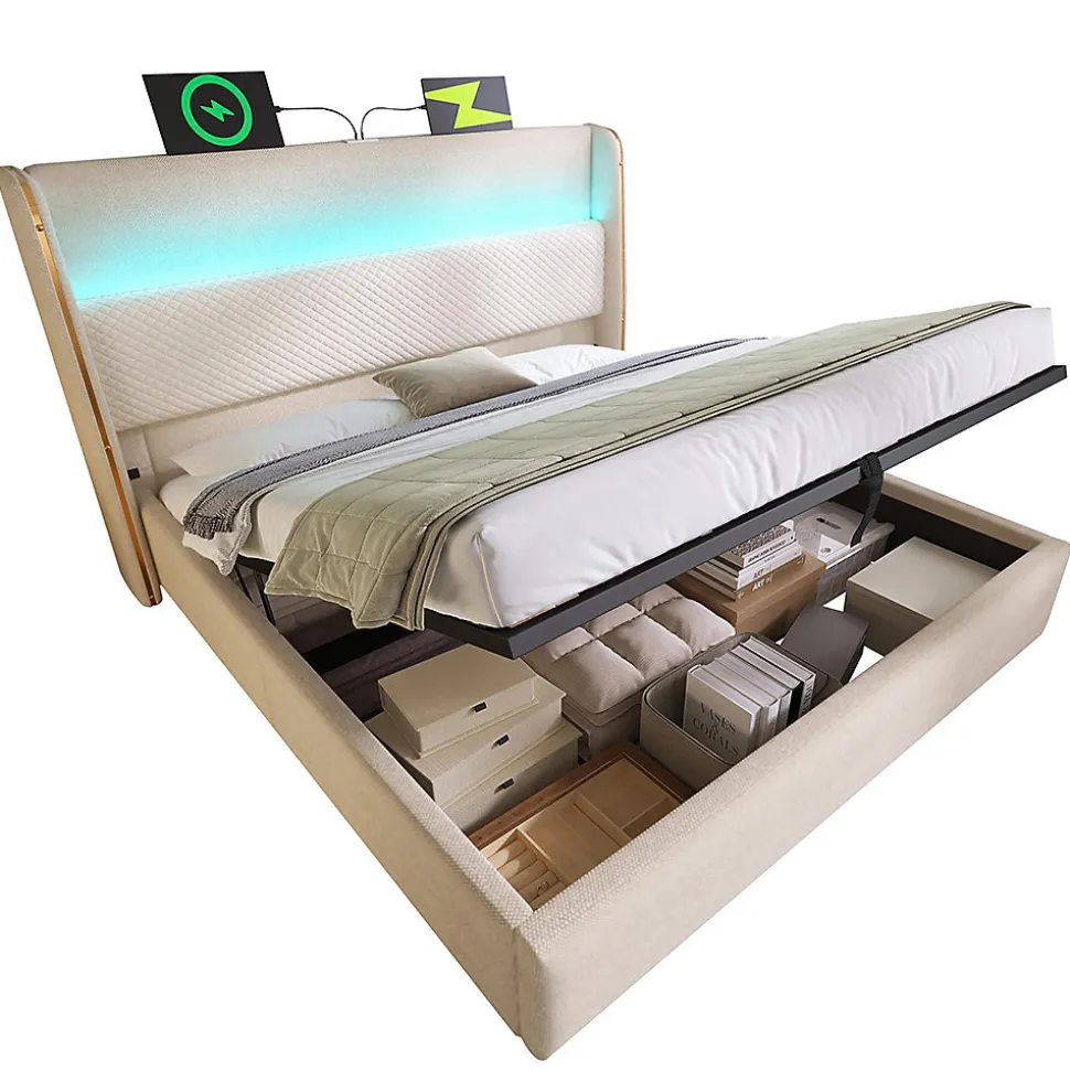 Lit double 140x200 cm, tête haute, LED/USB, hydraulique, lin - beige