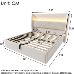Lit double 140x200 cm, tête haute, LED/USB, hydraulique, lin - beige