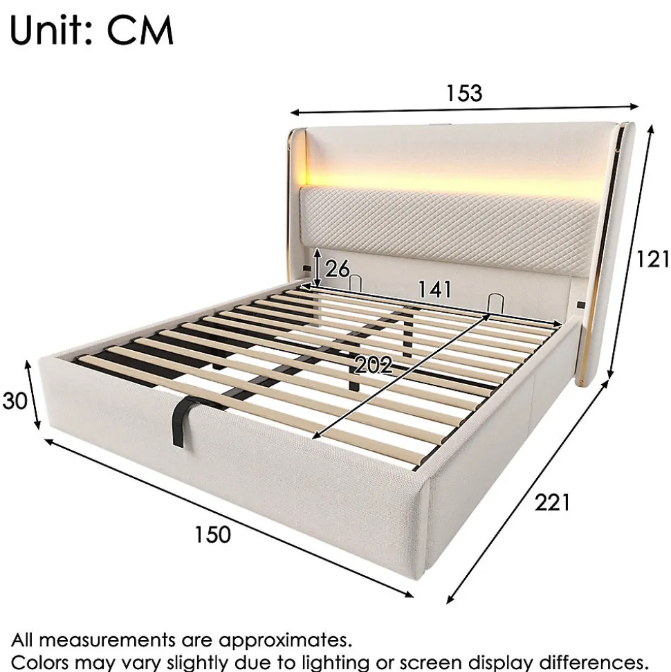 Lit double 140x200 cm, tête haute, LED/USB, hydraulique, lin - beige
