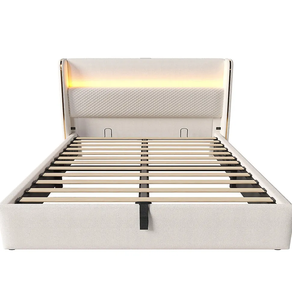 Lit double 140x200 cm, tête haute, LED/USB, hydraulique, lin - beige