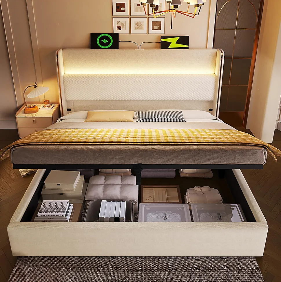 Lit double 140x200 cm, tête haute, LED/USB, hydraulique, lin - beige