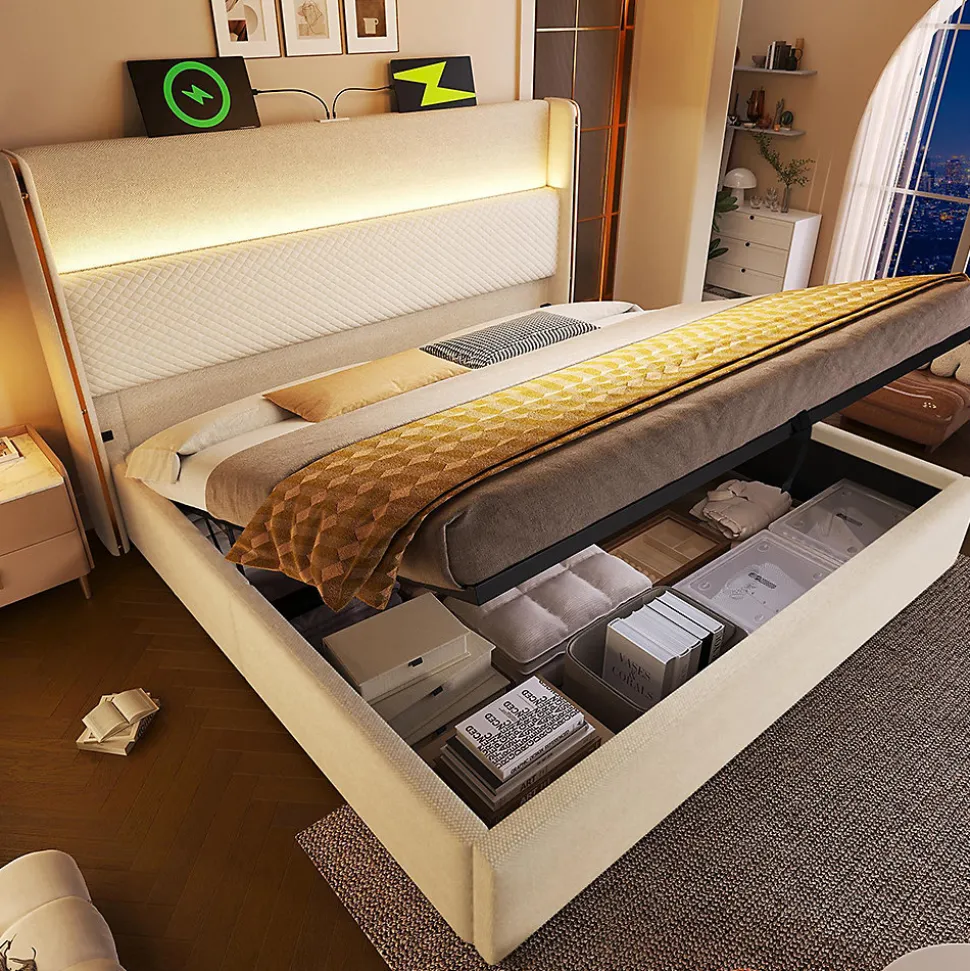 Lit double 140x200 cm, tête haute, LED/USB, hydraulique, lin - beige