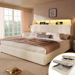 Lit double 140x200 cm, tête réglable, LED/USB, hydraulique, velours - beige