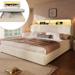 Lit double 140x200 cm, tête réglable, LED/USB, hydraulique, velours - beige