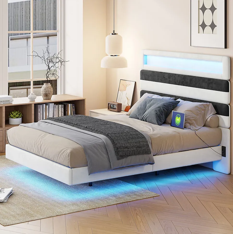 Lit double 140x190 cm velours blanc et bleu, tête rayée réglable, LED tête/pied, ports USB et chargeur EU