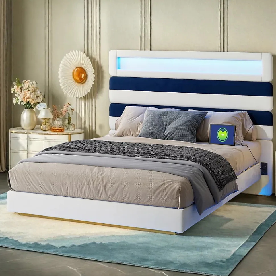 Lit double 140x190 cm velours blanc et bleu, tête rayée réglable, LED tête/pied, ports USB et chargeur EU
