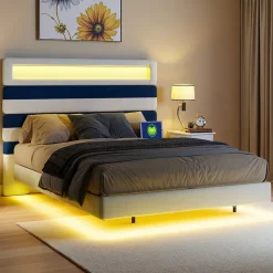 Lit double 140x190 cm velours blanc et bleu, tête rayée réglable, LED tête/pied, ports USB et chargeur EU
