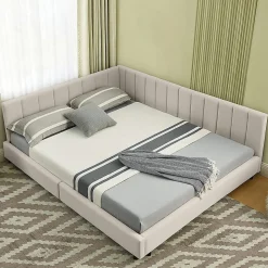 Lit double 140x200 cm, velours, dossier haut - beige