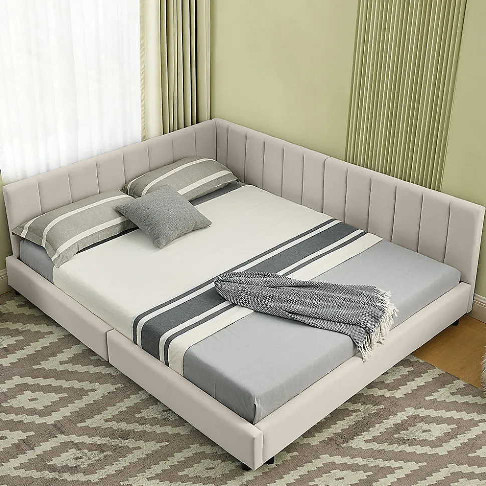 Lit double 140x200 cm, velours, dossier haut - beige