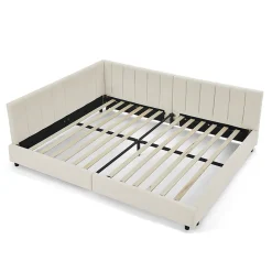 Lit double 140x200 cm, velours, dossier haut - beige