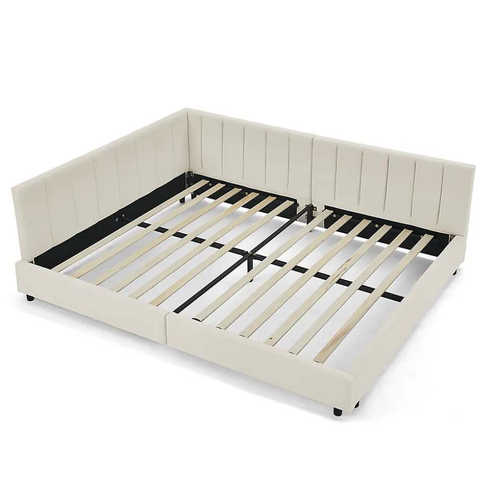 Lit double 140x200 cm, velours, dossier haut - beige