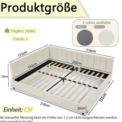 Lit double 140x200 cm, velours, dossier haut - beige