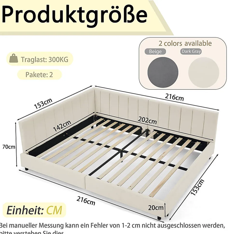 Lit double 140x200 cm, velours, dossier haut - beige
