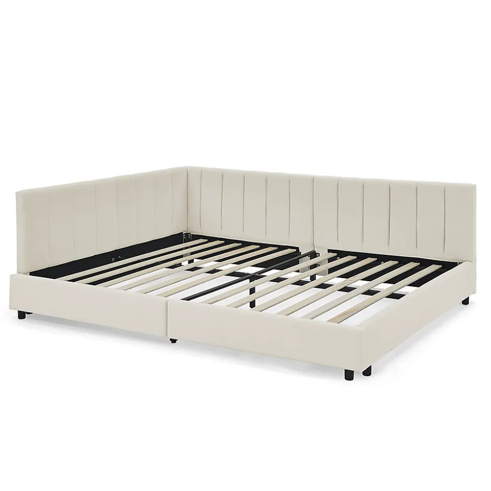 Lit double 140x200 cm, velours, dossier haut - beige