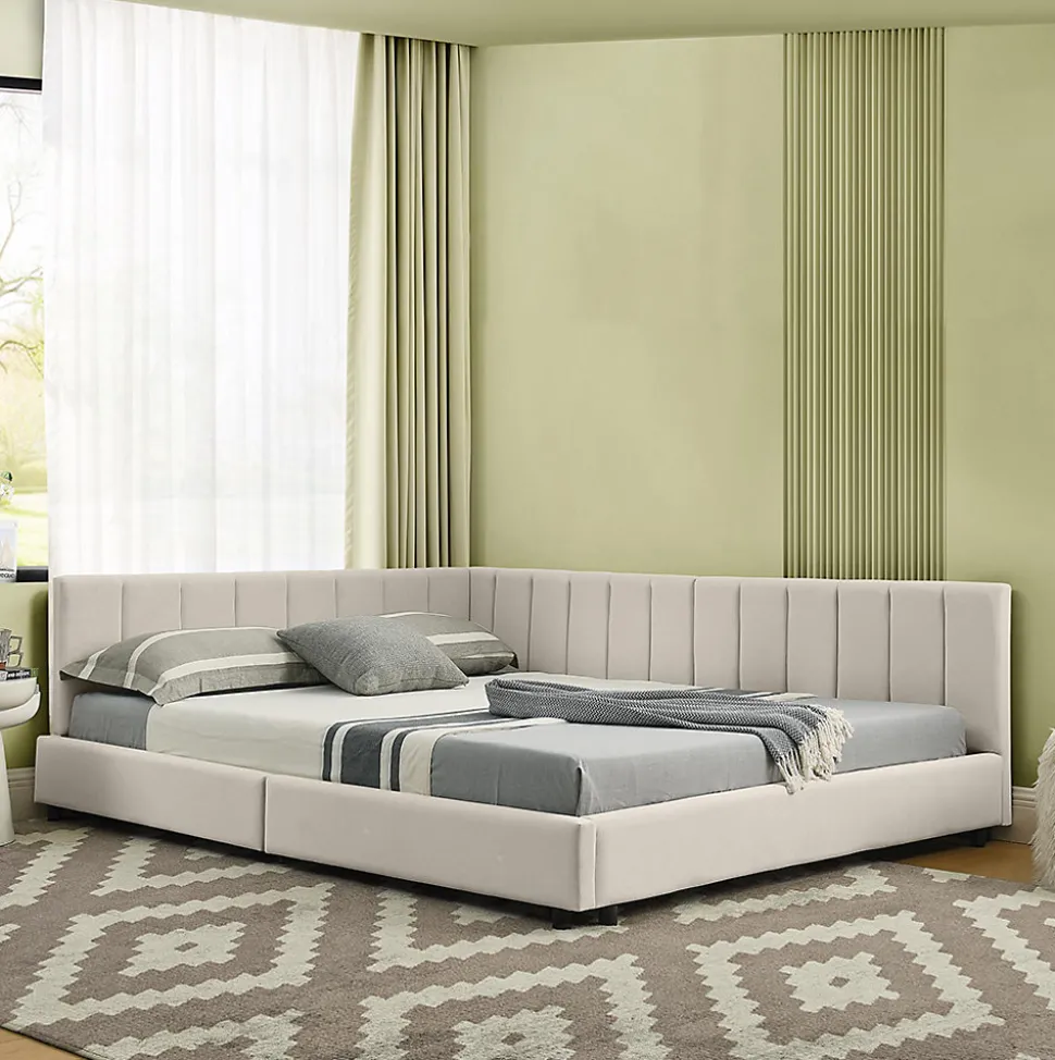 Lit double 140x200 cm, velours, dossier haut - beige