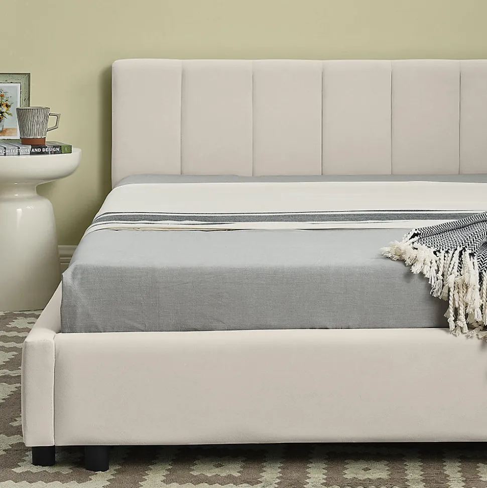 Lit double 140x200 cm, velours, dossier haut - beige