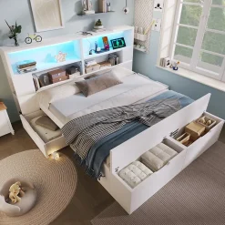 Lit double 140x200cm - avec lumière LED et port USB - avec banc coffre - grand espace de rangement - Blanc (sans matelas)