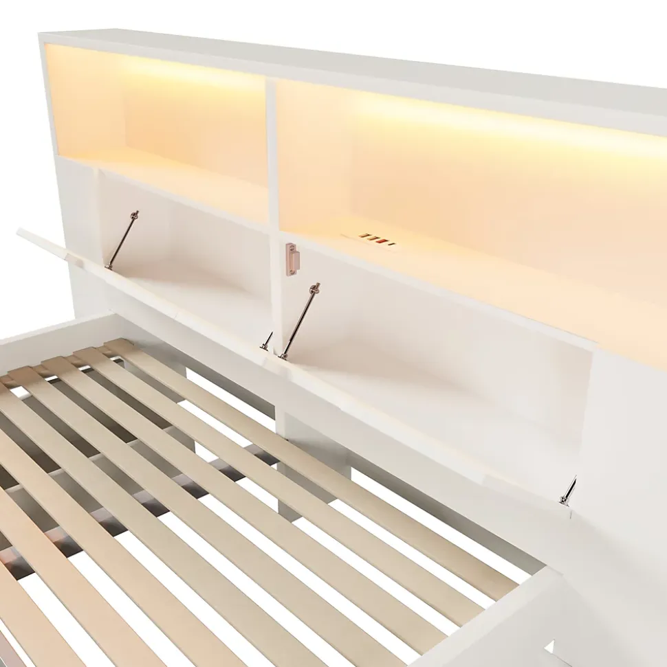 Lit double 140x200cm - avec lumière LED et port USB - avec banc coffre - grand espace de rangement - Blanc (sans matelas)