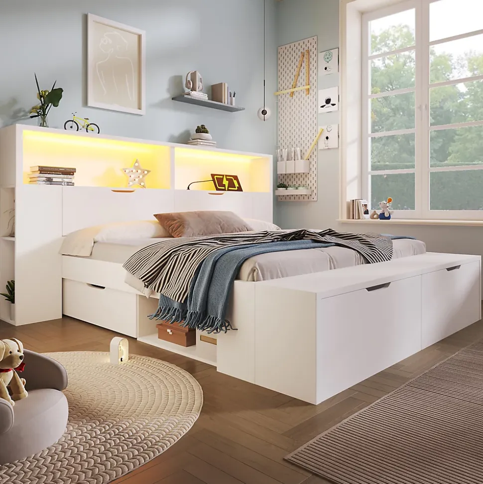 Lit double 140x200cm - avec lumière LED et port USB - avec banc coffre - grand espace de rangement - Blanc (sans matelas)